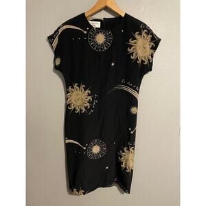 Vintage Jones New York Dress Womens 4 Black Silk Celestial Sun Moon 90s Print